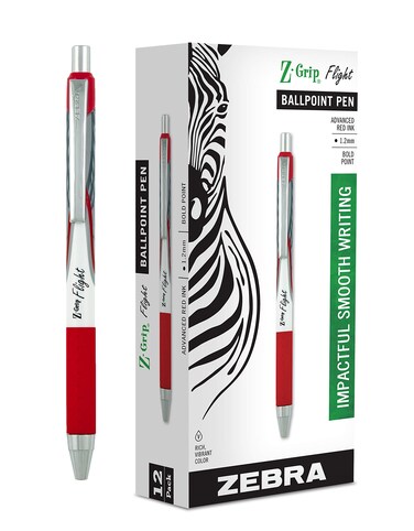 Zebra Pen ZGrip Flight Retractable Ballpoint Pen Bold Point 12mm Red Ink 12Count