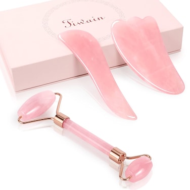 Natural Jade Guasha Tool for Face Body EyeJade Face Roller and Gua Sha Massage Tool Set  Skincare Gua Sha Facial Massager Anti Aging Rose Quartz Roller Massager Acupuncture Massager 3 Pack