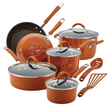 Rachael Ray Cucina Nonstick Cookware Pots and Pans Set 12 Piece Pumpkin Orange