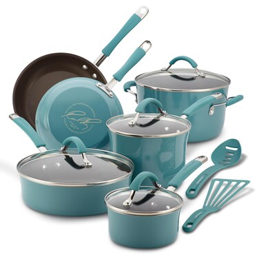Rachael Ray Cucina Nonstick Cookware Pots and Pans Set 12 Piece Agave Blue