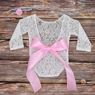 CHELIZIHI Newborn Photography Props Baby Girl Lace Romper Outfit Vintage Newborn Romper with Ribbon Bow and Matching Headband