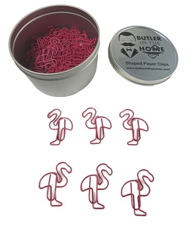 Butler in the Home 100 Count Flamingo Shaped Paper Clips Great for Paper Clip Collectors or Office Gift  Comes in Round Tin with Lid and Gift Box  Pink