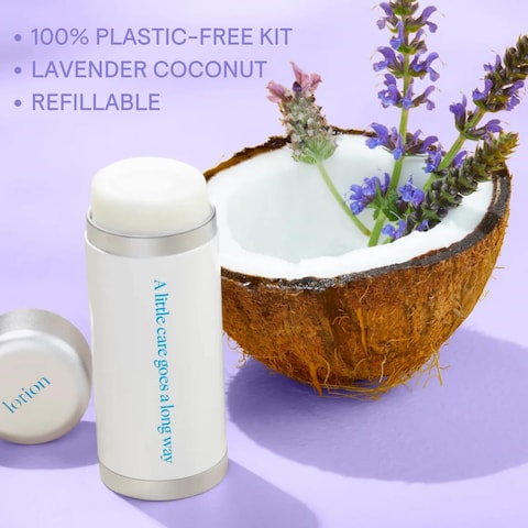 Peach Not Plastic Body Lotion Starter Kit  Refillable Lotion for Dry Skin with Shea Butter and Jojoba Balm for Women and Men  Coconut Lavender Scent  187 oz