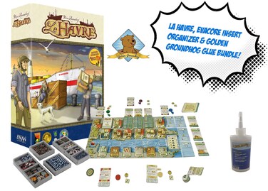 Le Havre Board Game Fitted Evacore Insert Organizer and Golden Groundhog Glue Board Game Bundle