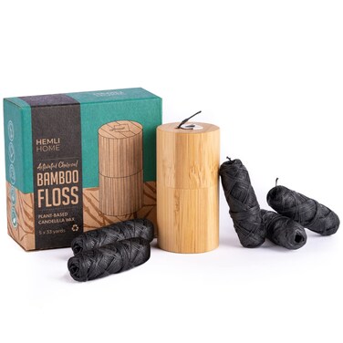 Vegan Bamboo Charcoal Dental Floss  5Pack  Refillable Bamboo Container  5 x 33 Yards  EcoFriendly Floss  Candelilla Wax Floss with Natural Mint Flavoring