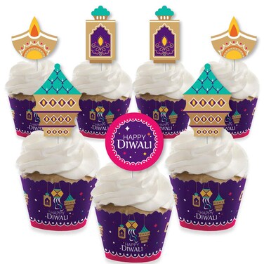 Big Dot of Happiness Happy Diwali  Cupcake Decoration  Festival of Lights Party Cupcake Wrappers and Treat Picks Kit  Set of 24