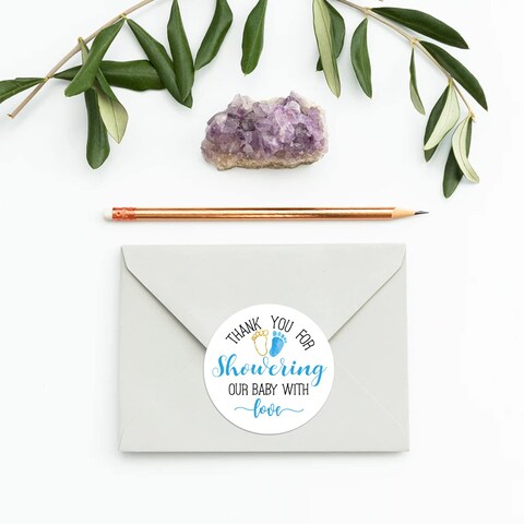 Blue Baby Shower Stickers Thank You for Showering Our Baby with Love Stickers Baby Shower Favors for Boys Thank You Stickers Baby Shower 2 Inch Pack of 50