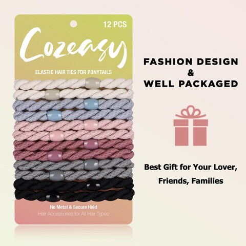 COZEASY 12 pcs Braided Elastic Hair Ties NoMetal Gentle Secure Hold Ponytail Holders No Damage or Snagging Hair Bands Perfect for Girls and Women with Thick or Curly Hair Multicolor 10