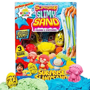 Horizon Group USA Ryans World SlimySand includes 6 SlimySand Varieties with Molds Crack Open 3 Mystery Eggs for Some Stretchable Sand Fun Multicolored