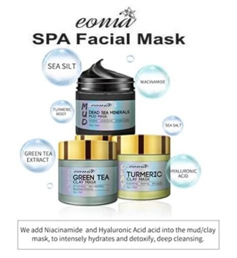 Eonia Turmeric Clay Mask  Green Tea Detox Clay Mask  Dead Sea Minerals Mud Mask Spa Facial Mask Set 25 oz each