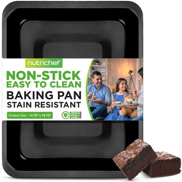 NutriChef Nonstick Baking Pan  14 x 10 Rectangular Carbon Steel Baking Tray  Premium Bakeware for Brownies Cakes Lasagna  More  Dishwasher Safe Black