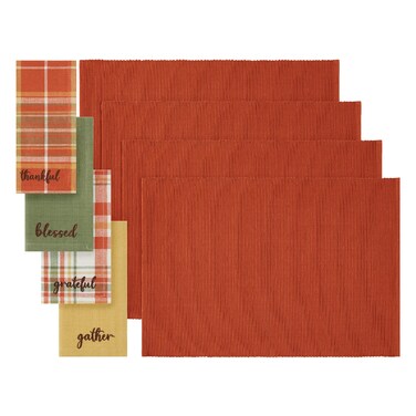 Elrene Home Fashions Harvest Sentiments Value Set 4 Cloth Napkins and 4 Ribbed Placemats Large Multicolor 8 Pieces