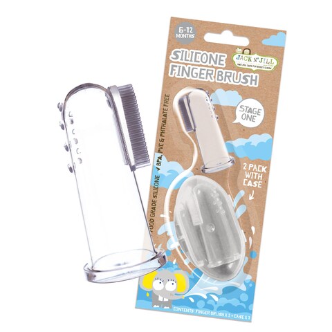 Jack N Jill Stage 1 Silicone Finger Toothbrush  Baby Toothbrush 6 to 12 Months Baby Oral Cleaner Travel Size  Two Brushes Plus Case Pack of 1