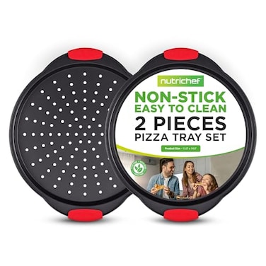 NutriChef 2Piece 13Inch Nonstick Pizza Tray Round Carbon Steel NonStick Pizza Baking Pan with Perforated Holes Premium Bakeware Pizza Screen with Silicone Grip Handles Dishwasher Safe NCBPIZX2
