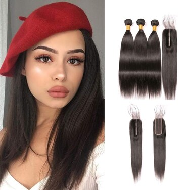 GZAmber Straight Brazilian Hair With Closure 10a Grade 3 Bundles plus 2x6 Lace Closure Unprocessed Virgin Human Hair Straight with Closure Natural Color 18202212