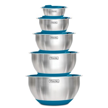 Viking Culinary Stainless Steel Mixing Bowl Set 10 piece Nonslip Silicone Base Includes Airtight Lids Dishwasher Safe Teal