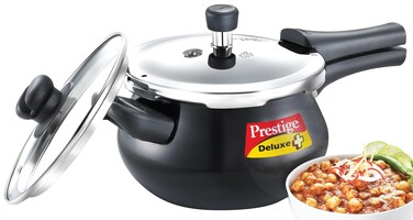 Prestige Deluxe Duo Plus Induction Base Hard Anodised Pressure Cooker Handi Glass Lid 33 Litre Black