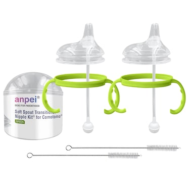 Anpei Sippy Cup Soft Spout Transitional Nipple Kit Bundle Compatible with Comotomo Baby Bottles 5 oz and 8 oz  Value Bundle 2 Kits  Brushes Green