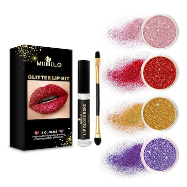 Enfudid 4 Colors Glitter Lip Kit Gloss Lipstick Metallic Glitter Lipstick Waterproof Long Lasting  Smudge Proof Glitter Color Lip Makeup with Transparent Lip Primer