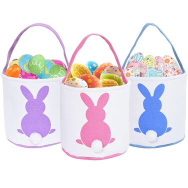 3 Pcs Easter Bunny Basket Bags for Kids  Canvas Cotton Carrying Gift and Eggs Hunt Bag Fluffy Tails Printed Rabbit Toys Bucket Tote for Girls  Boys Pink Purple Blue