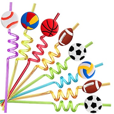 24 Game Day Sports Party Favors Basketball Football Baseball Soccer Tennis Volleyball Foam Balls Touchdown Drinking Straws Goodie Gifts for Kids Football Party Supplies with 2 PCS Cleaning Brushes
