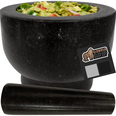Gorilla Grip Heavy Duty 100 Granite Mortar and Pestle Set 4 Cup Slip Resistant Foam Base Grind Spice and Herbs Stone Molcajete Bowl for Guacamole Salsa Garlic Crusher Kitchen Tool Black