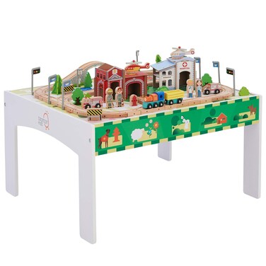 Teamson Kids  85 pcs Train Set and Table Wooden Tracks and Accessories Preschool Play Lab Toys Country for Boys Kids Toddlers  White