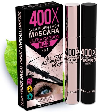 400X Pure Silk Fiber Lash Mascara Ultra Black Volume and Length Longer Thicker Eyelashes Waterproof Long Lasting Instant Very Easy to Apply Smudgeproof Hypoallergenic