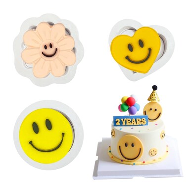 Smiley Face Fondant Molds 3Pcs Smile Flower Heart Cake Decorating Silicone Mold for Cupcake Toppers Cookies Bread Candy Chocolate Butter Jelly Gum Polymer Clay Candles Soap Epoxy