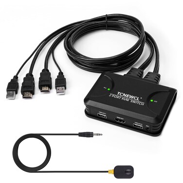 4K 2Ports HDMI KVM Switch for 2 Computers Share 1 HD Monitor and 2 USB Devices Keyboard Mouse Supports 4K30Hz Included 2 HDMI Cables and Wire Desktop Controller