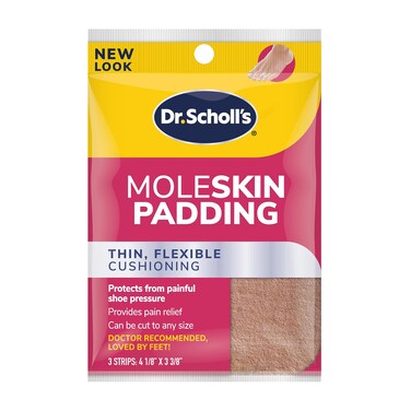 Dr Scholls Moleskin Padding Strips 3 Strips  Thin Flexible Cushioning  Pain Relief  Cut to Any Size  Doctor Recommended  Strip Size 4 18 Inches X 3 38 Inches