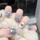 Short square pink 3D bear love painted fake nails false nails press on nails Blue blooming bowknot Blue heart