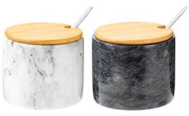 NHKRTE Marble Salt Cellar Set 2 PCS 11oz Salt and Pepper bowls Handcrafted from Natural Marble Gift for Mothers DayWhite  Black Set