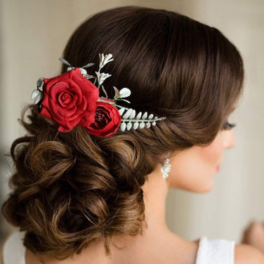Fangsen Wedding Rose Flower Hair Comb Bridal Flower Hair Clip Floral Hair Accessories for Women an Girls Red