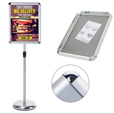 JIUYE 11x17 Pedestal Sign StandHeight Adjustable Floor Standing Poster HolderRotated Adjustable Aluminum Snap Frame with Heavy BaseDisplay for NoticePosterSignsSilver