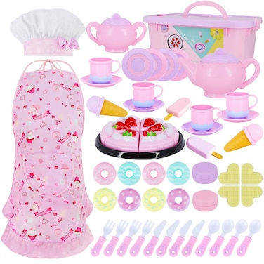Tea Party Set for Little Girl Kitchen Pretend Tea Toy Set Play Food Toy for Kids 54 PCS with Cookies Ice Cream Toy Chef Hat and Pink Apron for for KidsToddler Toy Gift