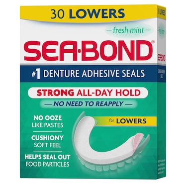 Sea Bond Secure Denture Adhesive Seals Fresh Mint Lowers ZincFree AllDayHold MessFree 30 Count Pack of 1