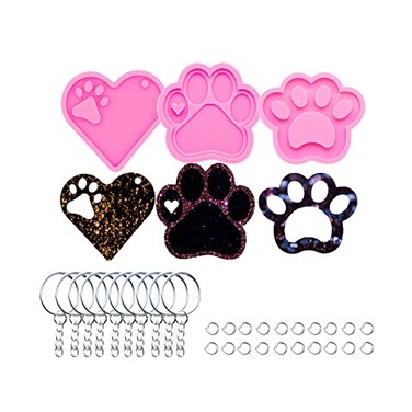 AMZTOART 3pc Glossy Resin Silicone Paw Print Molds DIY Making Keychain Heart with Paw Cutout Epoxy Mold with 10PC Key RingDY0129DY0292DY0404