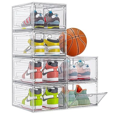 Thicken  Sturdy Clear Shoe Storage Organizer with Magnetic Door Stackable Boxes for Closet Foldable SpaceSaving Shoe Rack for Sneaker Boot Container Plastic Shoe Cabinet Shoe Box 6 Pack White