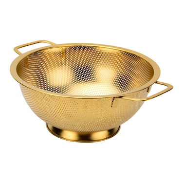 Snailhouse Colander 3 Quart Stainless Steel Pasta Rice Food Metal Strainer with Handles and Selfdraining Base for Kitchen Gold