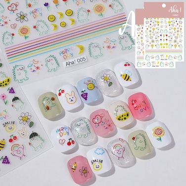 Dinosaur Nail Art Stickers Decals Cute Monster Nail Art Sticker Flower Loving Smile Decals 3D Self Adhesive DIY Design Fashion Trend Glamour Decoration Accessories for Ladies Girls Kids 2 Sheets