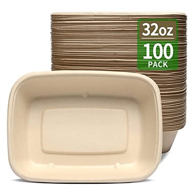 bloomoon 100 Pack 32 oz Large Rectangle Paper Bowls for Taco Salad Burrito Nacho Pasta Baked Potatos Compostable 32oz Disposable Bowls for Party