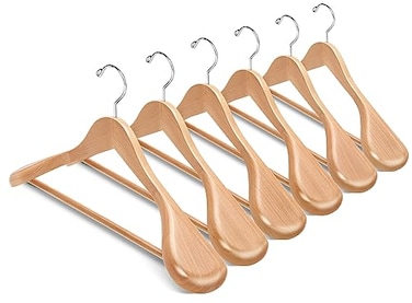 Amber Home 6 Pack Wide Shoulder Wooden Suit Coat Hangers with Non Slip Pants Bar Solid Wood Jacket Clothes Hangers Smooth Finish for Sweater Pants Heavy Clothes Natural 6 Pack
