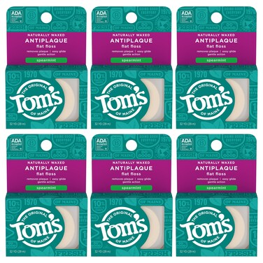 Toms of Maine Naturally Waxed Antiplaque Flat Dental Floss Spearmint 32 Yards 6Pack Packaging May Vary