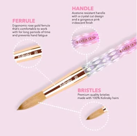 Kiara Sky Pink Crystal Acrylic Nail Brush  Professional Nail Cleaner Tool  Nail Kolinsky Brush for Women  100 Kolinksy Hand Crafted Nail Tools  Long Lasting Nail Cleaning Brush 12