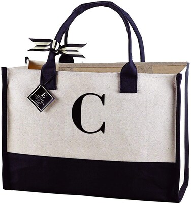 Mud Pie Classic Black and White Initial Canvas Tote Bags C 100 Cotton 17 x 19 x 2
