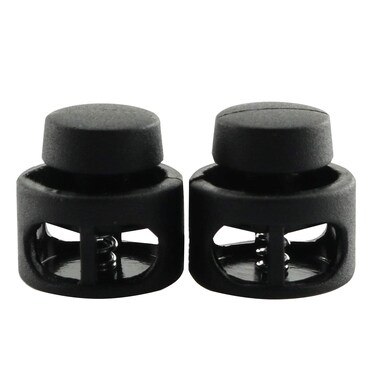 JCBIZ 60pcs Black and White Plastic Spring Cord Locks Round Button Ends Stop Slide Spring Double Hole Cord Fastener Lock for Backpacks Clothes and Suitcases
