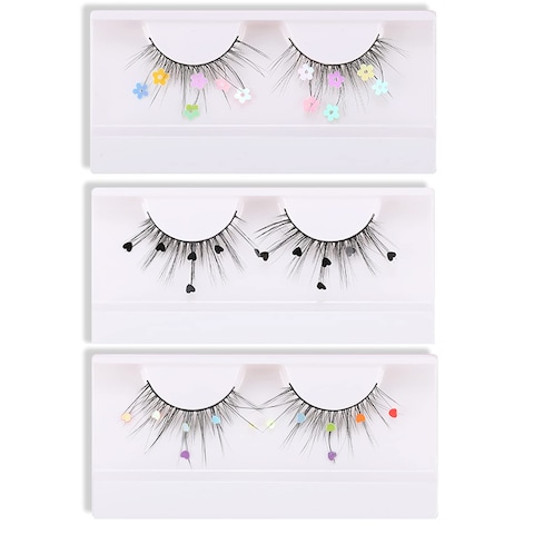Skynest False Eyelashes Dramatic Glitter Sequin Lashes with Colorful HeartBlack HeartColorful Flower Makeup DIY Lashes Decorative for New Year Christmas Halloweens Cosplay Party3 Pairs
