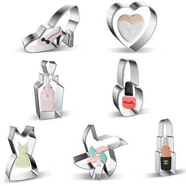 Makeup Dress Up Cookie Cutters Shapes Set of 7  High Heel Heart Perfume Nail Polish Dresses Windmill Lipstick Shaped Women Girl Ladies Princess Fashion Cookie Cutter for Birthday Valentine Day