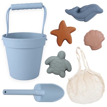 BLUE GINKGO Modern Baby Sand Toys  Travel Friendly  Silicone Bucket Shovel 4 Molds Beach Bag for Toddlers Kids  Blue
